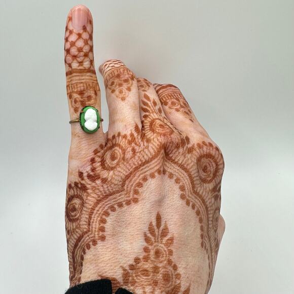 Czechoslovakia antique Art Deco gold tone brass green milk glass cameo ring 3.75 - Picture 2 of 10